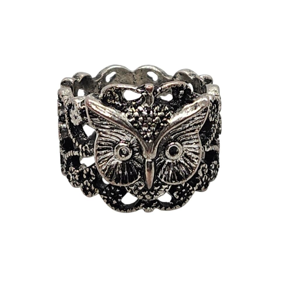 Owl Statement Ring Size 7.5 Silver Toned Open Design 5/8" tall
